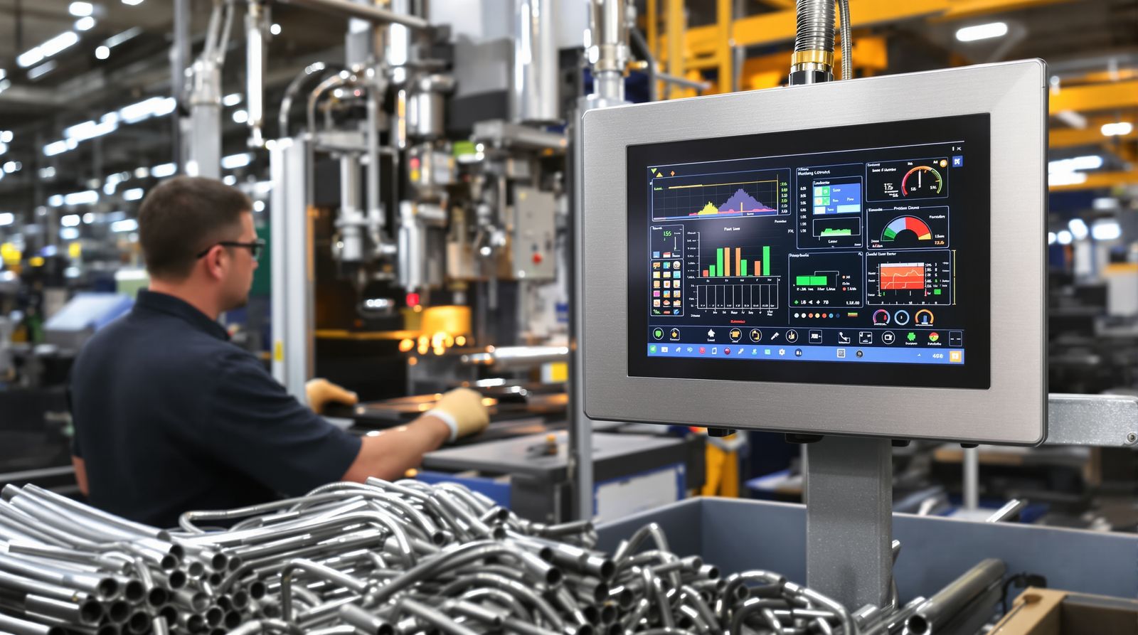 CNC tube bending machine with an industrial touch screen operator panel and bent metal tubes