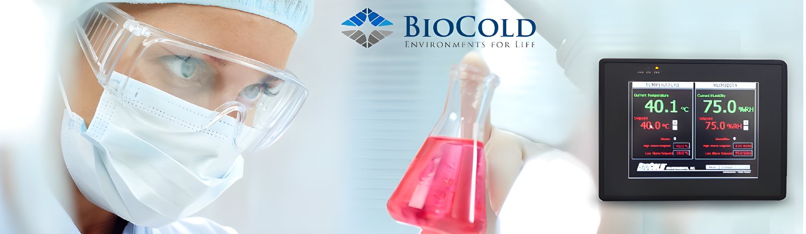 Scientist in a lab beside the BioCold BioLogic touchscreen controller