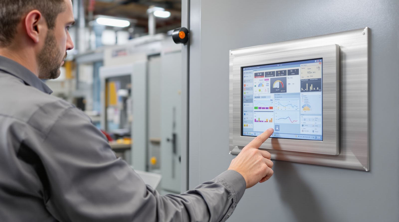 Controls engineer testing an industrial touch screen panel PC mounted in a custom machine enclosure