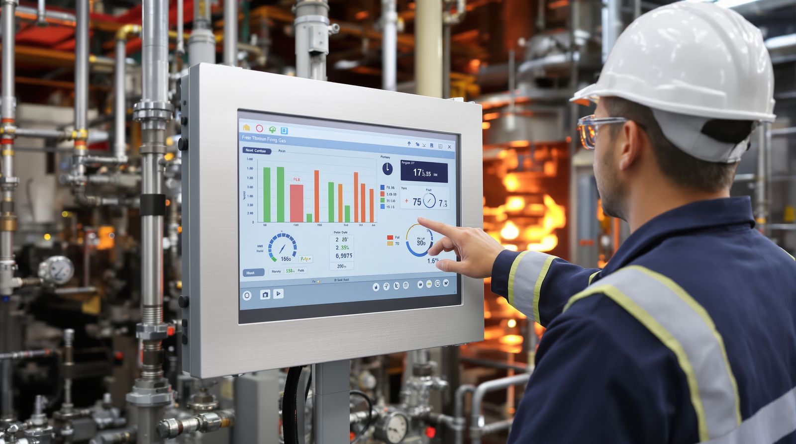 Operator using a rugged industrial panel PC beside argon gas pipework in a metals processing plant